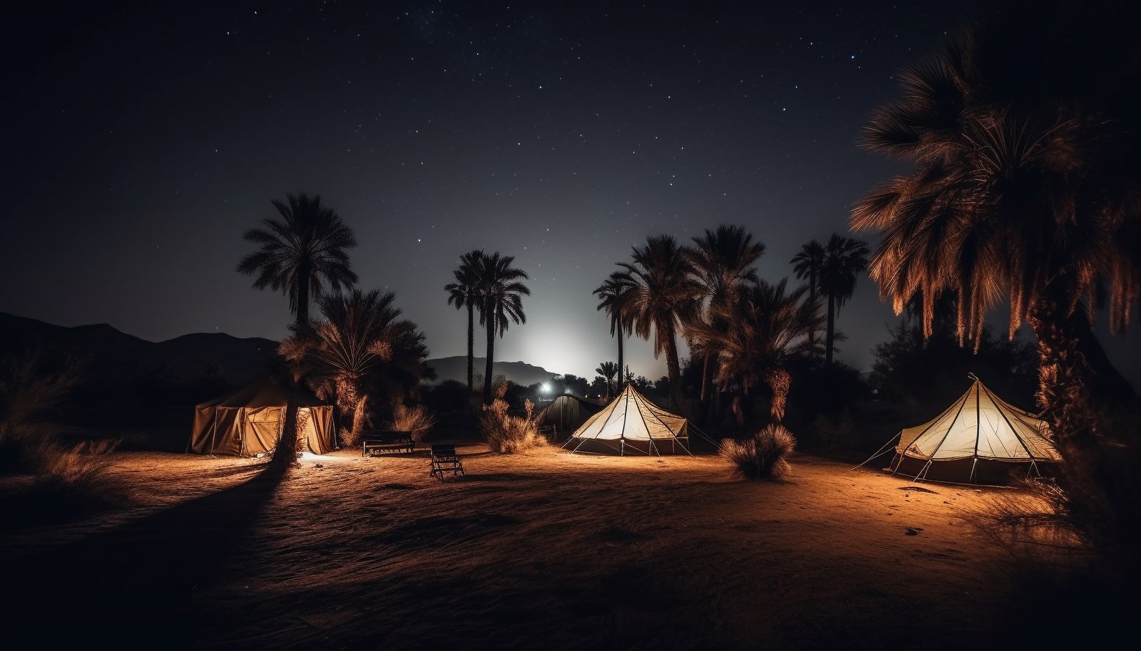Luxury tent camp in the desert at night with stars